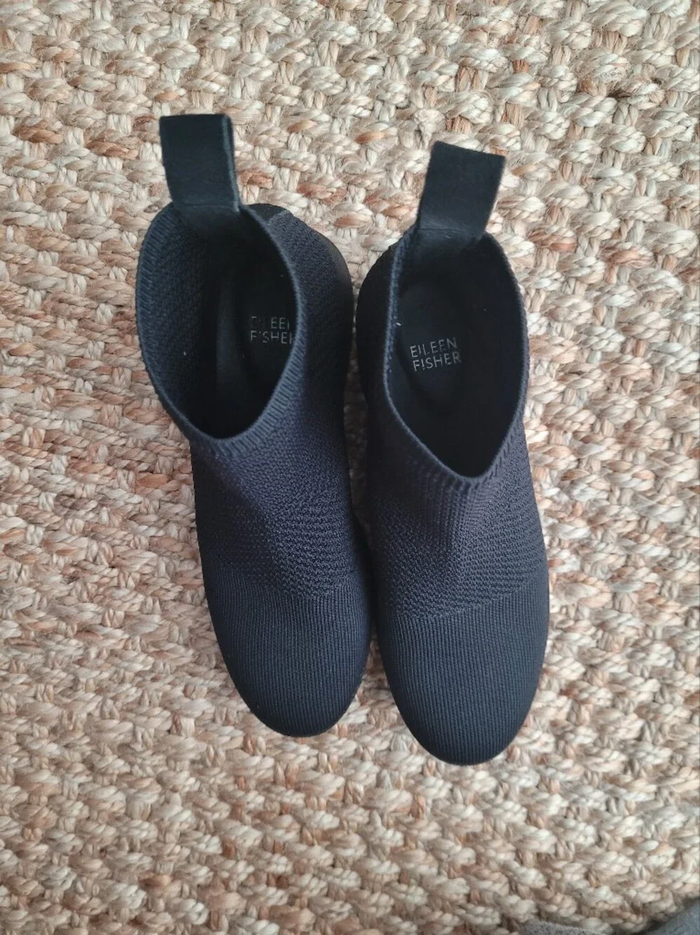 Eileen Fisher Black Stretch Knit Platform Sock Booties Ankle Boots Size 8 Wedge